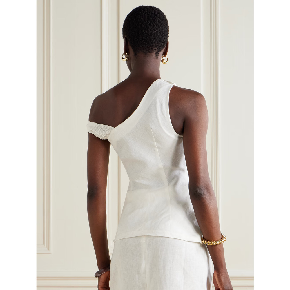NWT FAITHFULL Suis Off-The-Shoulder Draped Linen Top Shirt White 2 XS $190 - Picture 3 of 4